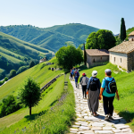 A diverse group of adult pilgrims, fully clothed in modest, comfortable hiking attire, walks purposefully along a sun-drenched ancient stone path winding through lush green rolling hills. In the distance, a quaint historic village with traditional architecture is visible under a clear blue sky. The atmosphere is serene and contemplative, reflecting a quest for meaning and reconnection with nature. The pilgrims exhibit perfect anatomy, correct proportions, and natural poses, with well-formed hands and proper finger count. This is a family-friendly, appropriate content, safe for work, high-quality professional photograph.
