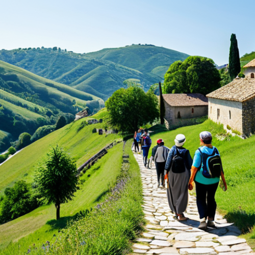Home 11 A diverse group of adult pilgrims, fully clothed in modest, comfortable hiking attire, walks purposefully along a sun-drenched ancient stone path winding through lush green rolling hills. In the distance, a quaint historic village with traditional architecture is visible under a clear blue sky. The atmosphere is serene and contemplative, reflecting a quest for meaning and reconnection with nature. The pilgrims exhibit perfect anatomy, correct proportions, and natural poses, with well-formed hands and proper finger count. This is a family-friendly, appropriate content, safe for work, high-quality professional photograph.