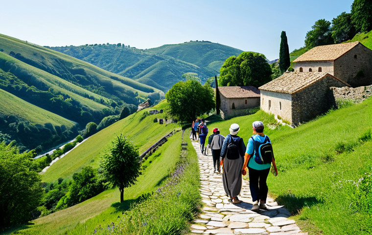 A diverse group of adult pilgrims, fully clothed in modest, comfortable hiking attire, walks purposefully along a sun-drenched ancient stone path winding through lush green rolling hills. In the distance, a quaint historic village with traditional architecture is visible under a clear blue sky. The atmosphere is serene and contemplative, reflecting a quest for meaning and reconnection with nature. The pilgrims exhibit perfect anatomy, correct proportions, and natural poses, with well-formed hands and proper finger count. This is a family-friendly, appropriate content, safe for work, high-quality professional photograph.