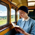 Train Travel in the French Countryside**

"A charming scene inside a vintage train carriage, sunlight streaming through the window, illuminating a fully clothed woman with perfect anatomy reading a book about French history. She is wearing modest, comfortable clothing appropriate for travel. Outside the window, rolling hills of the French countryside pass by. Safe for work, appropriate content, professional, family-friendly, natural pose, proper finger count, well-formed hands, high quality."

**