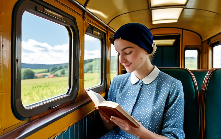 Train Travel in the French Countryside**
"A charming scene inside a vintage train carriage, sunlight streaming through the window, illuminating a fully clothed woman with perfect anatomy reading a book about French history. She is wearing modest, comfortable clothing appropriate for travel. Outside the window, rolling hills of the French countryside pass by. Safe for work, appropriate content, professional, family-friendly, natural pose, proper finger count, well-formed hands, high quality."
**