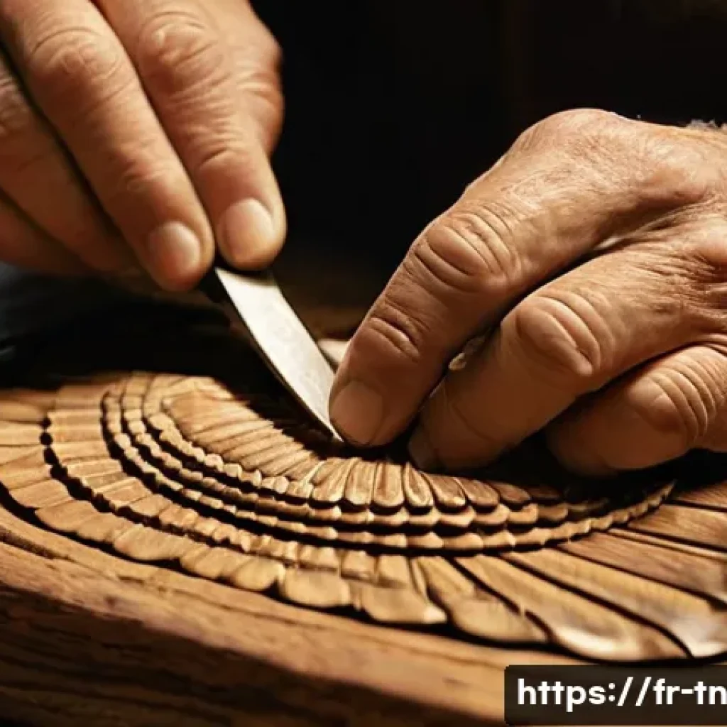역사적 순례 여행의 기념품 구매 팁 - **Prompt:** "A close-up, highly detailed shot of a skilled artisan's hands carefully carving a small...