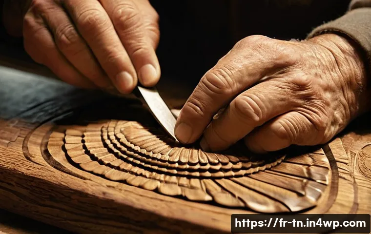 역사적 순례 여행의 기념품 구매 팁 - **Prompt:** "A close-up, highly detailed shot of a skilled artisan's hands carefully carving a small...