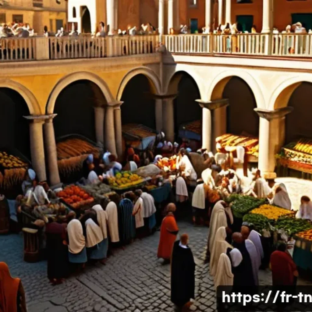 역사적 순례 여행을 위한 팟캐스트 추천 - **Prompt:** A bustling ancient Roman marketplace on a bright, sunny day, filled with diverse people ...