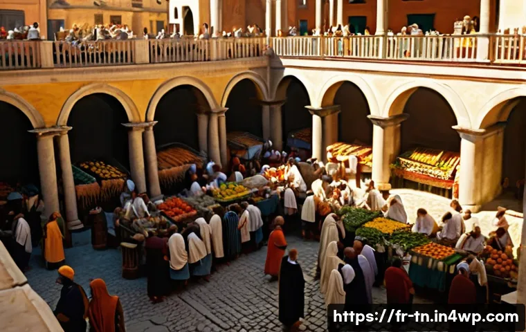 역사적 순례 여행을 위한 팟캐스트 추천 - **Prompt:** A bustling ancient Roman marketplace on a bright, sunny day, filled with diverse people ...