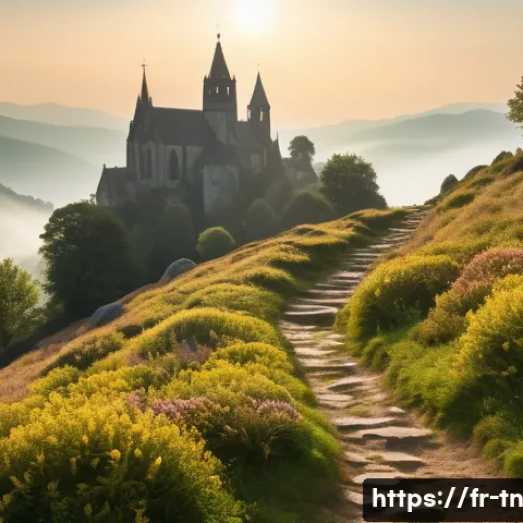 역사적 순례 여행과 관련된 영화 추천 - A scenic medieval pilgrimage trail winding through lush European mountain forests at dawn, with soft...