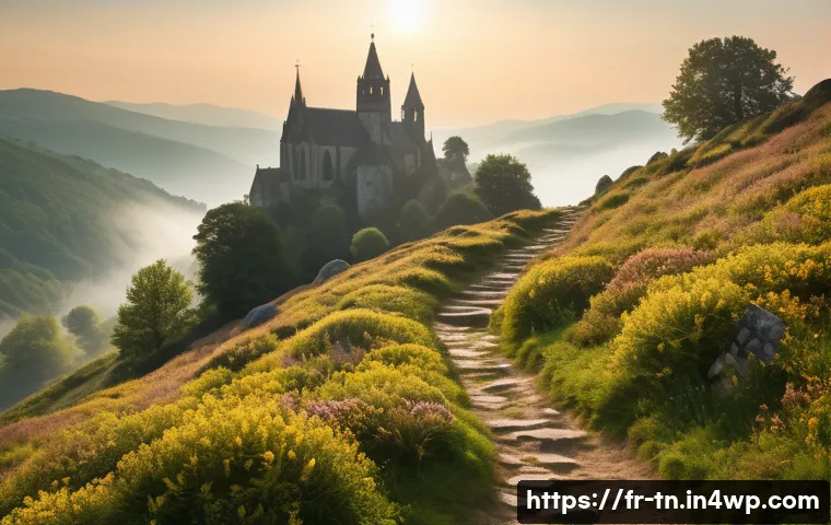역사적 순례 여행과 관련된 영화 추천 - A scenic medieval pilgrimage trail winding through lush European mountain forests at dawn, with soft...