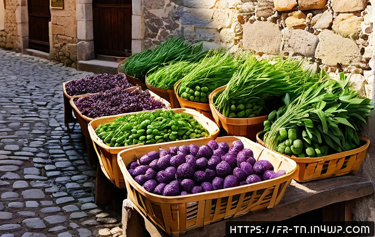 역사적 순례 여행과 지역 특산물 - A rustic French village market scene in early autumn, showcasing local artisans and farmers selling ...