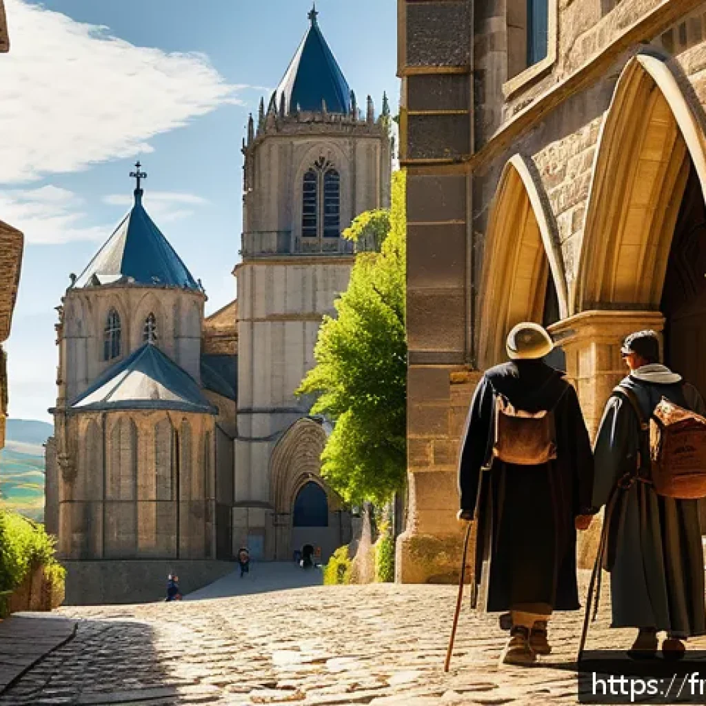 역사적 순례 여행에서의 종교적 체험 - A serene medieval pilgrimage scene on the Camino de Santiago featuring pilgrims walking along a sunl...