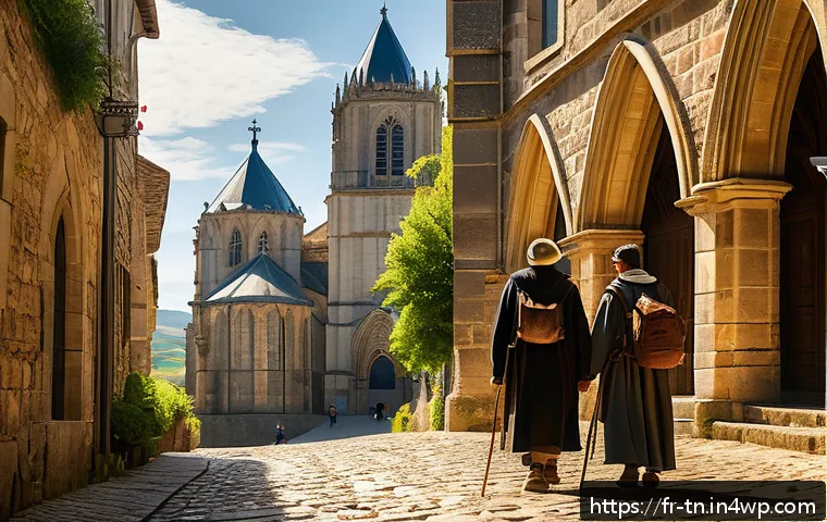 역사적 순례 여행에서의 종교적 체험 - A serene medieval pilgrimage scene on the Camino de Santiago featuring pilgrims walking along a sunl...