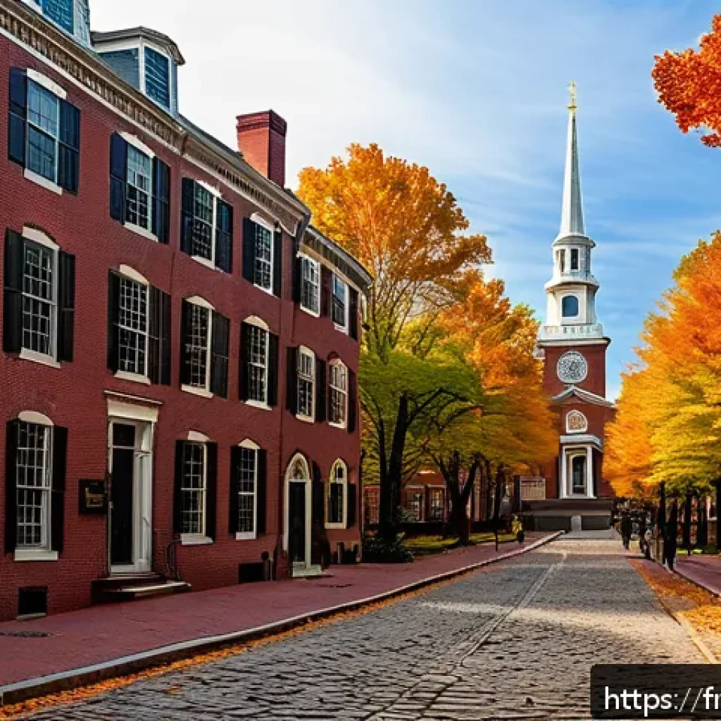 미국의 역사적 순례 여행지 탐방 - A detailed and atmospheric depiction of the Freedom Trail in Boston during autumn, showing historic ...