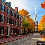 Home 22 미국의 역사적 순례 여행지 탐방 - A detailed and atmospheric depiction of the Freedom Trail in Boston during autumn, showing historic ...