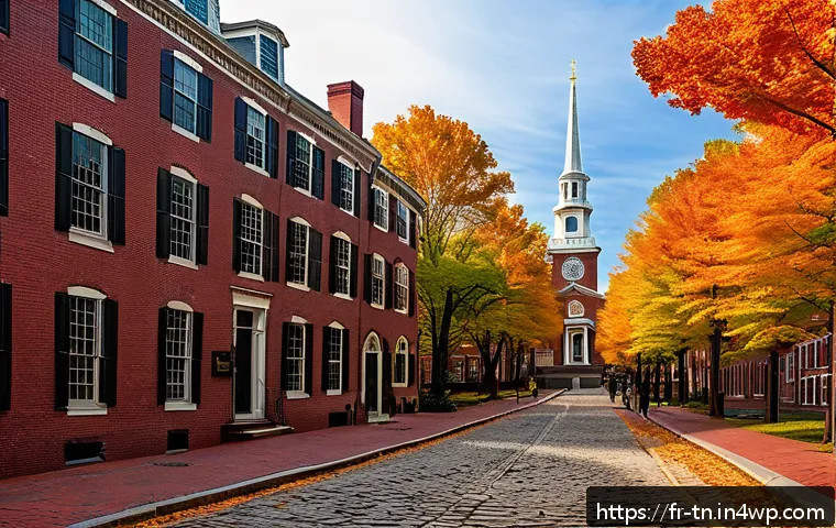 미국의 역사적 순례 여행지 탐방 - A detailed and atmospheric depiction of the Freedom Trail in Boston during autumn, showing historic ...