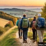 Home 21 역사적 순례 여행의 사회적 변화 - A diverse group of modern pilgrims walking along a scenic rural trail in southwestern France during ...