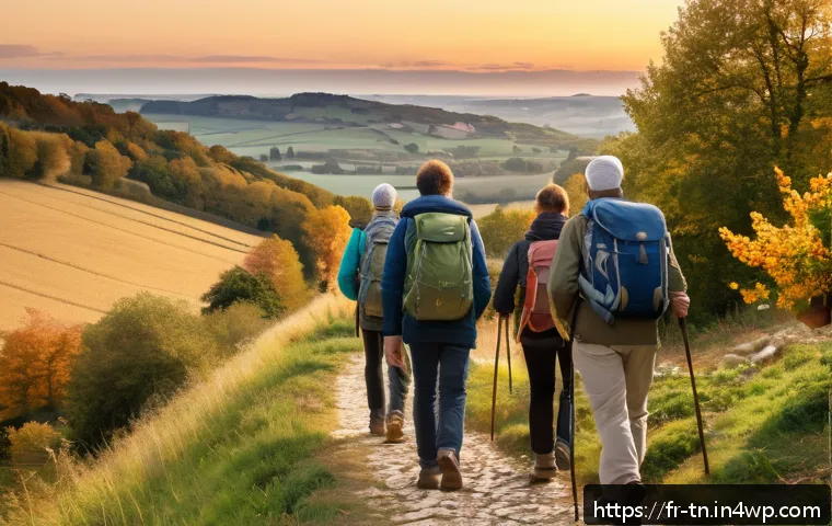 역사적 순례 여행의 사회적 변화 - A diverse group of modern pilgrims walking along a scenic rural trail in southwestern France during ...