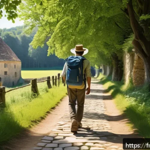 Home 32 혼자 떠나는 역사적 순례 여행 팁 - A serene scene of a solo pilgrim walking along a historic European pilgrimage route during early mor...