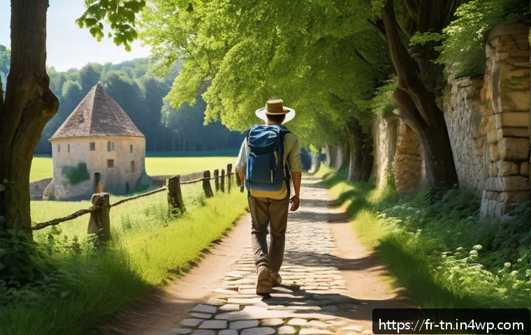 혼자 떠나는 역사적 순례 여행 팁 - A serene scene of a solo pilgrim walking along a historic European pilgrimage route during early mor...