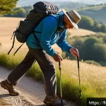 Home 18 역사적 순례 여행의 건강 관리 방법 - A detailed scene of a pilgrim preparing for a long-distance walk in a serene French countryside sett...