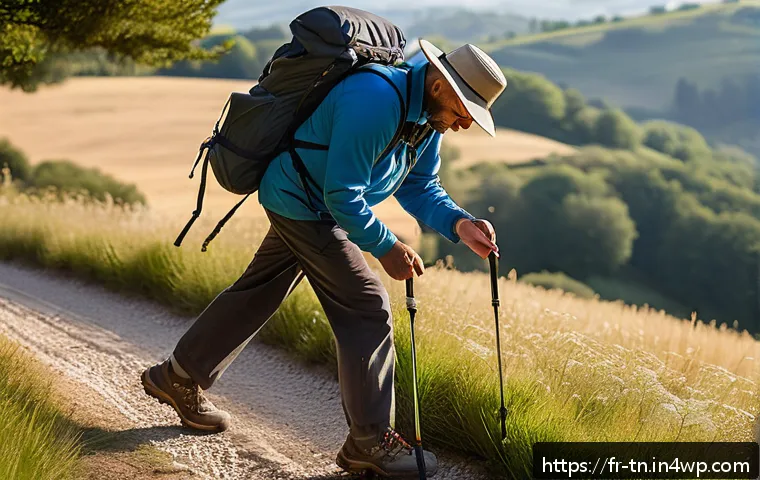 역사적 순례 여행의 건강 관리 방법 - A detailed scene of a pilgrim preparing for a long-distance walk in a serene French countryside sett...