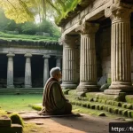 Home 23 역사적 순례 여행에서의 자아 발견 - An ancient sacred temple ruin bathed in soft golden sunlight filtering through crumbling stone colum...