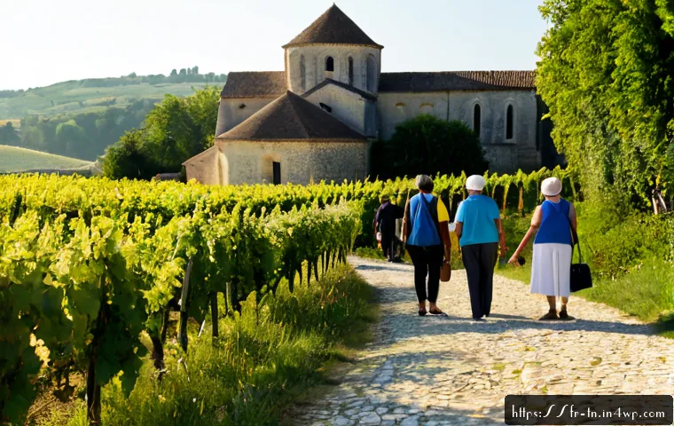 역사적 순례 여행과 지역 주민의 이야기 - Photorealistic historical pilgrimage scene in rural France, a small group of diverse adult travelers...
