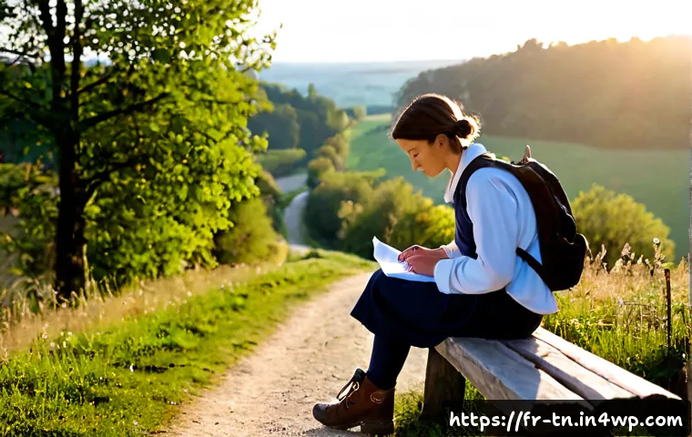 역사적 순례 여행을 위한 멘탈 준비 - Photorealistic early morning scene of a thoughtful French pilgrim in modest hiking clothes, sitting ...